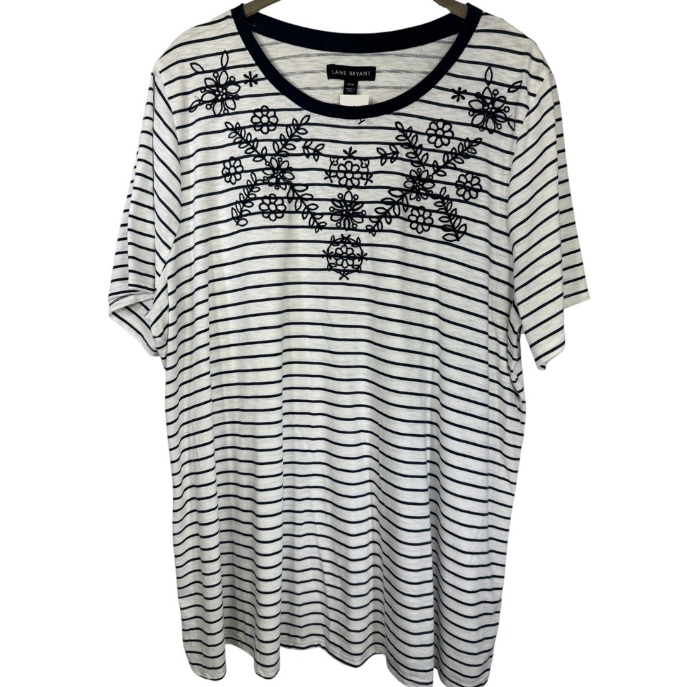 Lane Bryant Womens 18/20 Striped Floral Embroidered Short Sleeve Tee Navy White